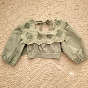 Pomelo Mint Green Puff Sleeve Crop Top Lace Collar Sz S